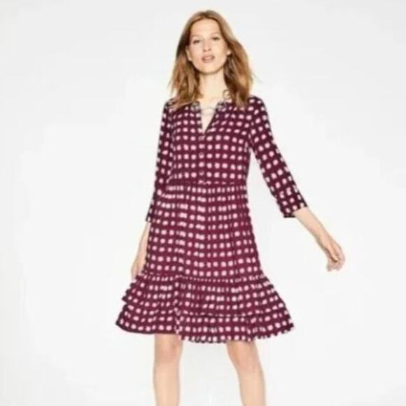 Boden Brand Relaxed Tiered Hem Dress Burgundy Starburst Size 2 Petite 2P - Picture 1 of 7